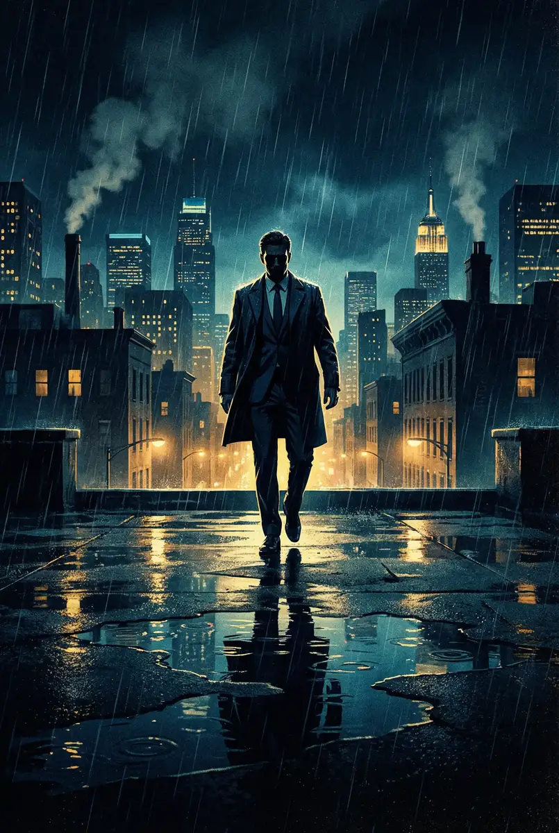 H纯肉无修里番在线观看网站 出品影片《雨夜独行者》海报，雨中城市屋顶男性剪影